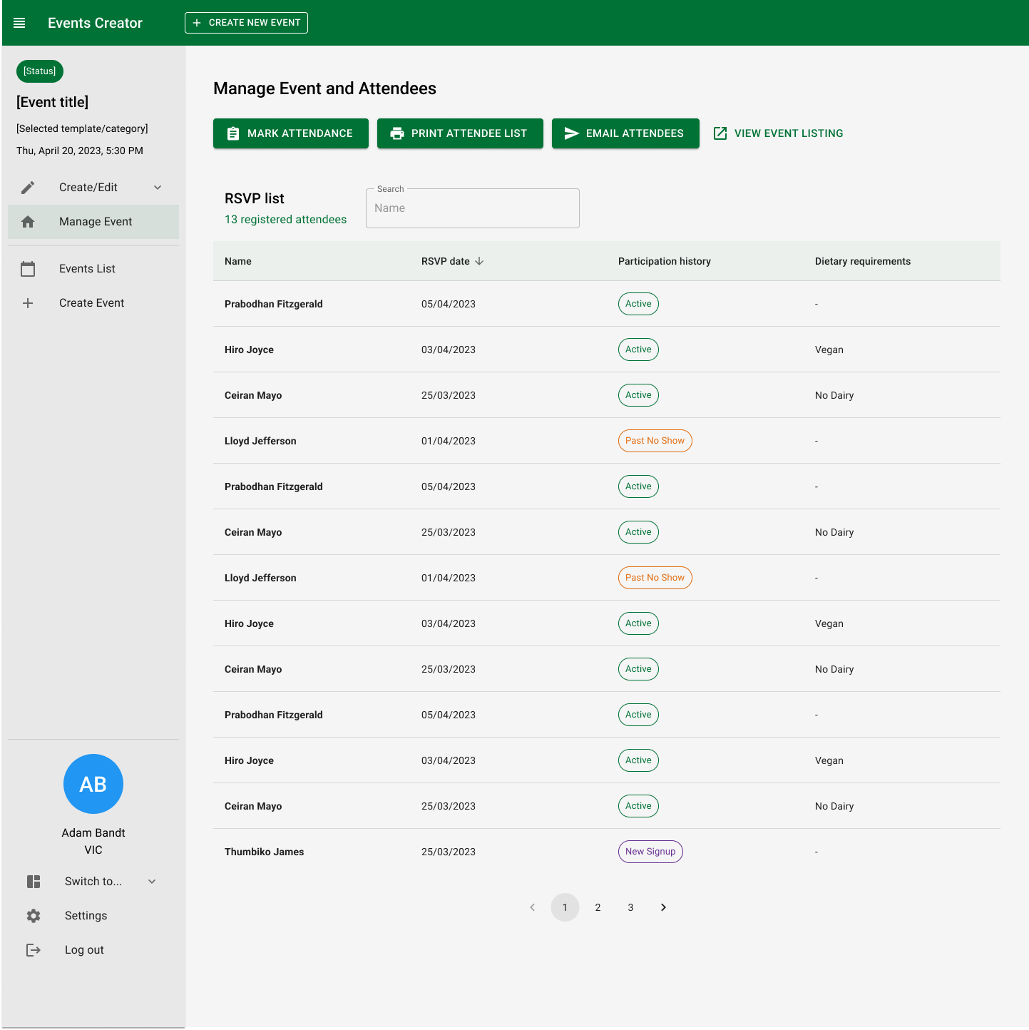 Manage Event dashboard